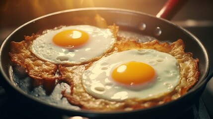 Pan with sizzling yummy fried eggs and melting butter bathed in sunlight filling air with delightful breakfast aroma, creating cozy and homely ambiance, perfect delicious breakfast