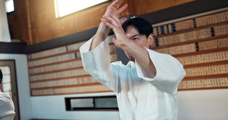 Man, martial arts and training aikido in dojo or self defence wellness, practice or combat sports....