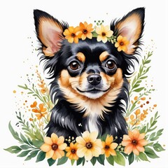 Watercolor black and tan chihuahua dog with flowers around