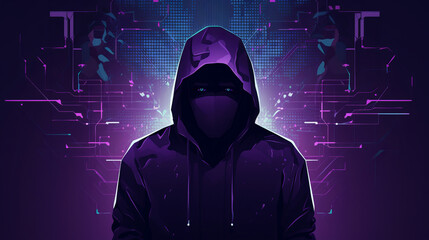 Mysterious anonymous hacker concealed by hood stands against backdrop of intricate chip patterns bathed in haunting purple glow, enigmatic person of anonymous cybercriminals - obrazy, fototapety, plakaty