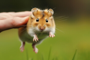 Hamster in the jump. Funny hamster, flying. cute little hamster try move to hand, hamster feeling wonder and excite, hamster on nature background, pet in home.