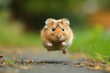 Hamster in the jump. Funny hamster, flying. cute little hamster try move to hand, hamster feeling wonder and excite, hamster on nature background, pet in home.
