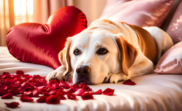 Dog elegantly draping over a heart-shaped satin pillow, surrounded by scattered rose petals, Valentine's Day themed. Generative AI