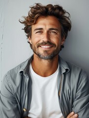 Portrait of a happy man on a light background. Generative AI.