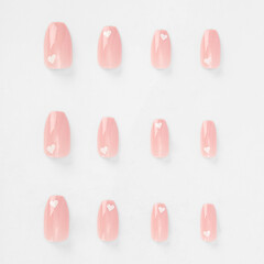 realistic set of colored false nails adhesive isolated on white background. top view. false nails acrylic nails for women. different fashion nail shapes.