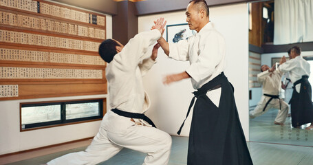 Aikido, sensei and master in a fight of martial arts with student in self defence, discipline and...