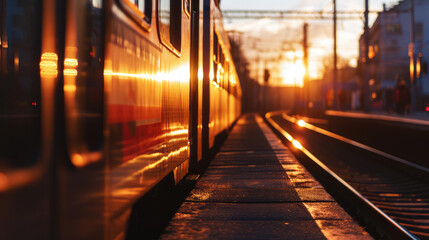 Fototapeta na wymiar Sunset casting golden hues on a train at the station with a train reflecting sun.