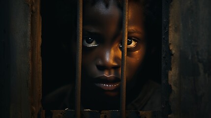 Young black boy confined behind bars with dirty scratched face gazes with hope, evoking heart wrenching concept of child kidnapping, safeguarding children from abduction and harm - obrazy, fototapety, plakaty