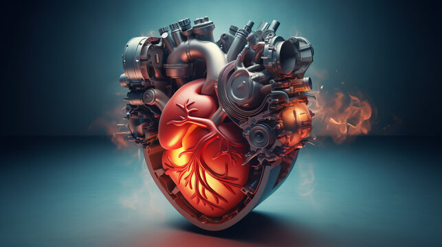 Steel heart engine pulses with fiery red glow, against gloomy smoky backdrop creating stunning visual display of strength and allure, symbolizes intersection of industrial innovation and human emotion