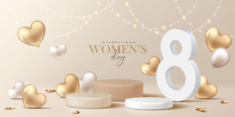 Women's day banner for product demonstration. Beige pedestal or podium with heart-shaped balloons and confetti on beige background.