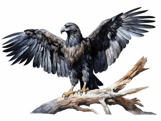 The black eagle is a large bird of prey in the eagle genus and is the only bird species in the genus Ictinaetus. Watercolor painting.