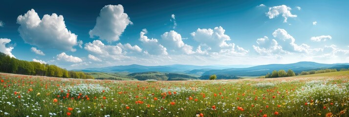 Wide panorama of a meadow with spring flowers. Generative AI. - obrazy, fototapety, plakaty