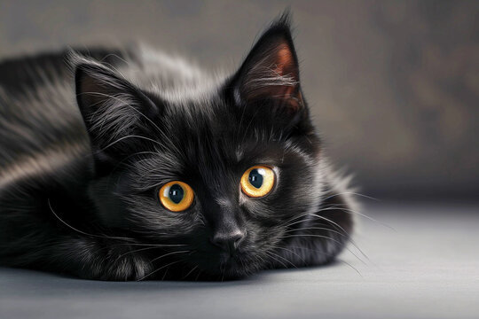 Beautiful, adorable black cat with shiny beautiful fur lying on the floor with big expressive yellow eyes close-up staring at the camera on cnr background. Copy space.