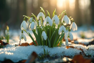 Close-up of snowdrops with fragments of flowers in the foreground. Generative AI.