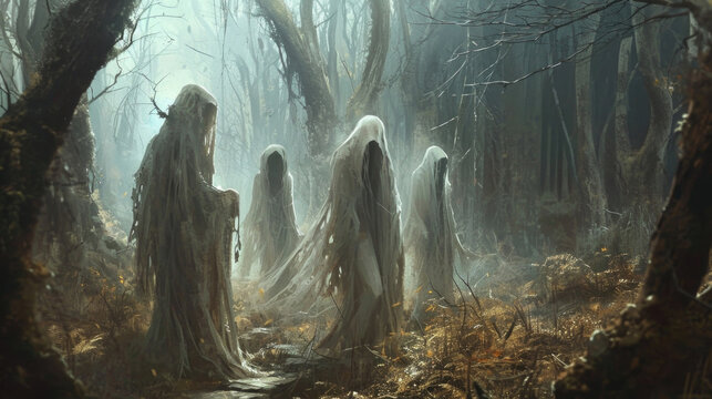 The ethereal beings, with their tattered robes and hollow eyes, seem to mourn the decay and destruction of their former home. Fantasy art