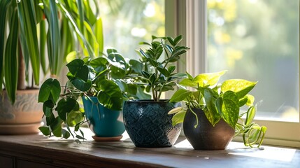 Cozy and green scene by photographing houseplants on a windowsill
