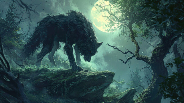 A hush fell over the clearing as the lycan leader emerged, his features changing into a beast unlike any other. He stood tall and proud, a symbol of raw strength and the Fantasy art