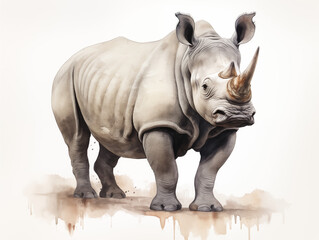 Obraz premium Black rhinos are large animals. The mouth has a pointed lobe protruding from the upper lip. The neck is short, the skin is wrinkled, the bumps are thick, the ears are round. Watercolor painting.