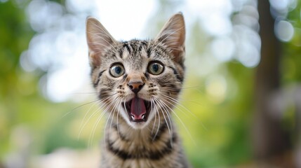 Naklejka na ściany i meble Amusing image capturing the surprise of a cat with an open mouth