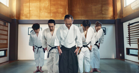 Martial arts group, men and bow for exercise, respect or honor for fight, conflict or competition...