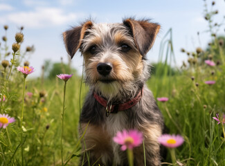 Dog is walking in a sunny spring blooming meadow. Charming dog sitting among alpine wildflowers. Outdoor portrait of Terrier puppy in the field with pink flowers. Blue sky, warm light