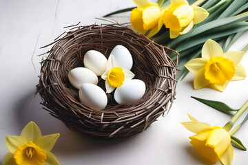 easter eggs and daffodils. 