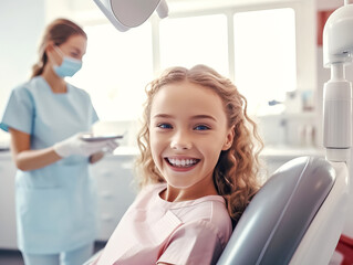 Little smiling girl sitting on dental chair. Professional stomatology for kid. Teeth healthcare