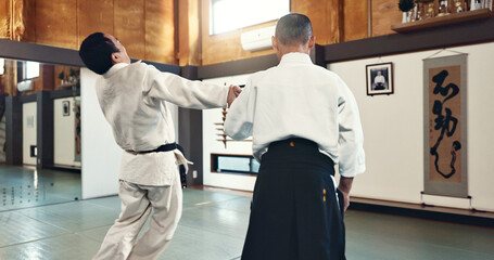 Aikido, master and fight with a sensei in martial arts with student of self defence, discipline and...