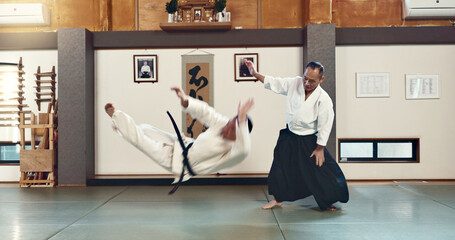 Aikido, sensei and fight with a master in martial arts with student in self defence, discipline and...