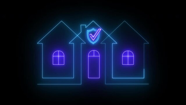 Home insurance concept. Glowing neon line of house with protect sign symbol. Able use graphic isolated transparent background.