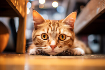 Red cat lying on the floor and looking at camera. Muzzle with big eyes close up. Portrait of tired feline resting on a wooden floor at home. Adorable domestic pet concept. Fluffy kitty - obrazy, fototapety, plakaty