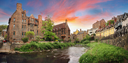 Scotland landscape - Dean village panorama in Edinburgh dramatic sunset, UK - obrazy, fototapety, plakaty