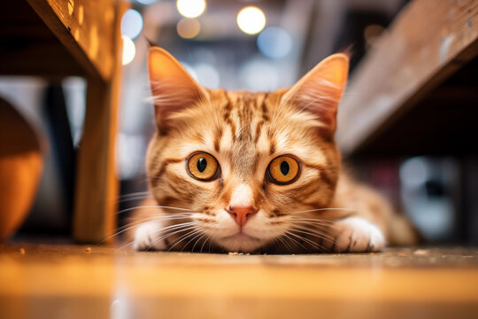 Red cat lying on the floor and looking at camera. Muzzle with big eyes close up. Portrait of tired feline resting on a wooden floor at home. Adorable domestic pet concept. Fluffy kitty