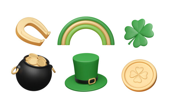 Saint Patrick's Day icons set in 3d plastic style. Green hat render, golden horseshoe and coin, clover leaf, rainbow, cauldron with money, isolated Irish elements. Vector illustration.