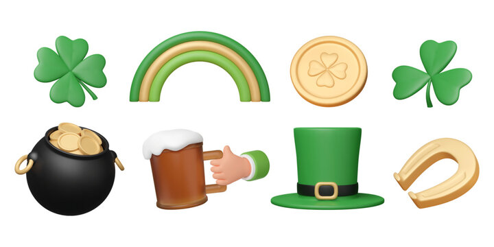 St. Patrick's Day icons set in 3d plastic style. Green hat render, beer with froth in small hand, golden horseshoe, clover leaf, rainbow, pot with money, isolated coin. Vector illustration.
