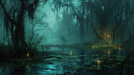 The quiet stillness of the swamp is broken by the haunting calls of willothewisps, their ethereal lights calling out to the lost and luring them into their ghostly clutches. Fantasy art - obrazy, fototapety, plakaty