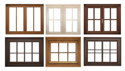 Collection of real vintage wooden house window frame sets, isolated on a transparent background with a PNG cutout or clipping path.	
