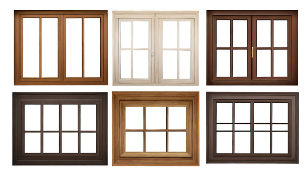 Collection of real vintage wooden house window frame sets, isolated on a transparent background with a PNG cutout or clipping path.	
