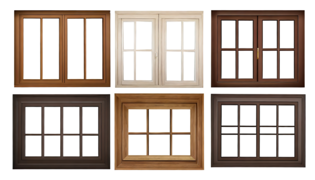 Collection of real vintage wooden house window frame sets, isolated on a transparent background with a PNG cutout or clipping path.	
