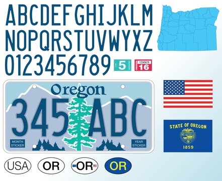 Oregon state car license plate pattern, letters, numbers and symbols, vector illustration, USA, United States odf America