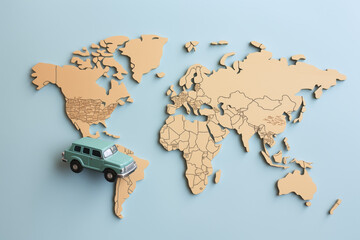 World map with a toy car, car rental worldwide business, travel on wheels, South America, Chile, Argentina
