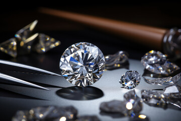 
Photo of a brilliantly cut diamond on a jeweler's table, close-up view with tools in the background