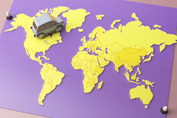 World map with a toy car, car rental worldwide business, travel on wheels, America, Canada