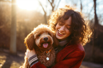 
Photo of a curly-haired woman laughing with her similarly curly-coated poodle in a sunny park