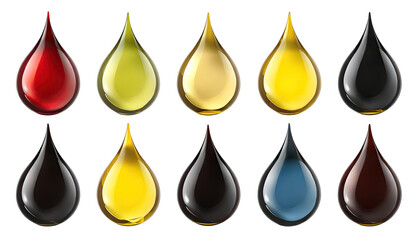 Set of drops of various oil, blood, or honey, viscous fluid or syrup, isolated on a transparent background. PNG format with cutout or clipping path.