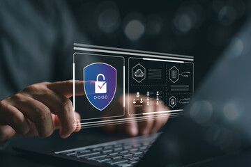 Cybersecurity awareness and data protection. Businessman points to padlock security icons for safe information clouding backup. Protection from hackers, crime, identification, and authentication.