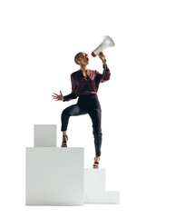Successful business woman shouting with a megaphone on a transparent background