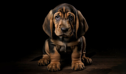 small puppy dog Bloodhound in a dark room - obrazy, fototapety, plakaty