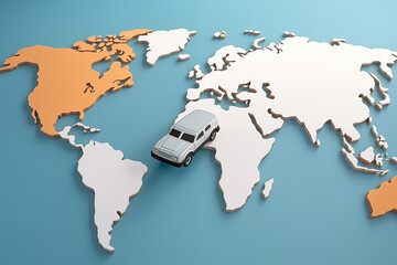 World map with a toy car, car rental worldwide business, travel on wheels