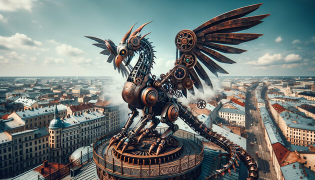 Photo in a wide angle of a mechanical gryphon, its body a fusion of wrought iron and copper, wings spread wide, with steam curling from its joints.